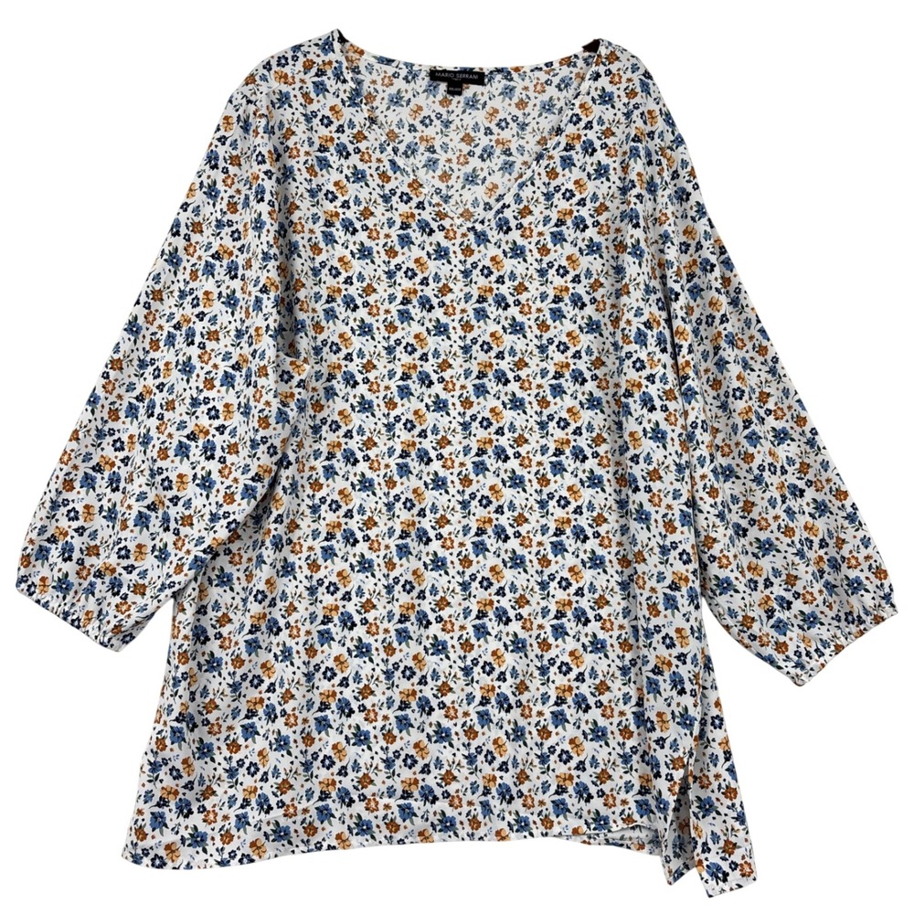 Mario Serrani Italy Blouse Size XXL White Blue Orange Floral Top V Neck